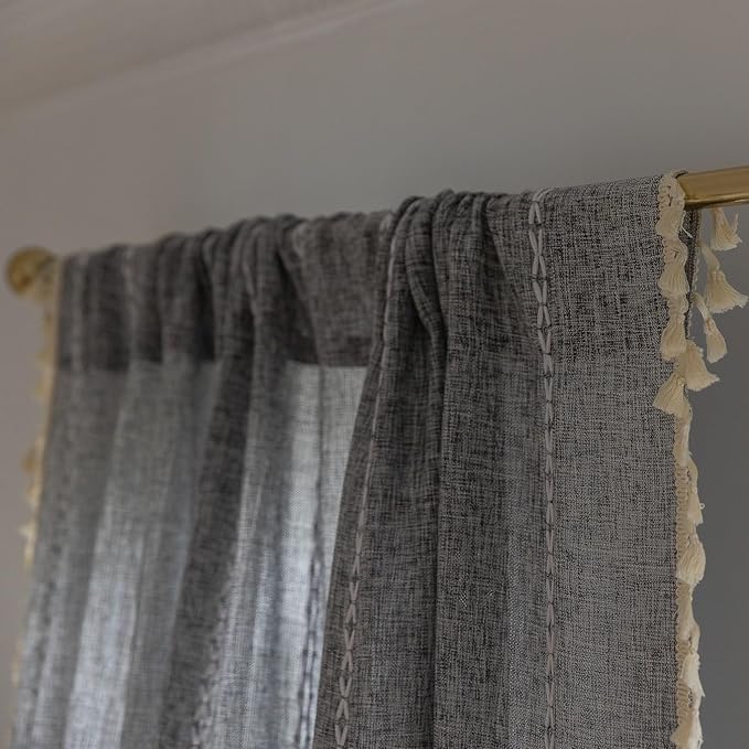 Sutuo Home Boho Curtains for Bedroom Dining Room Kitchen, Semi Blackout Linen Farmhouse Shabby Chic Tassels Window Treatment Bohemian Embroidery Drape, Rod Pocket 1 Panel 52" W x 63" L, Black Grey
