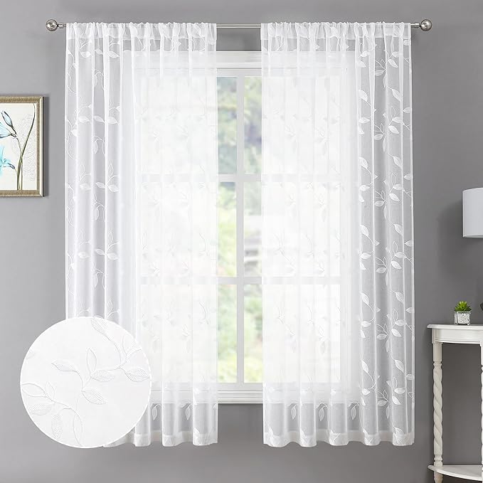 Tollpiz White Leaf Sheer Curtain Leaves Embroidered Bedroom Curtains Rod Pocket Voile Window Treatments for Living Room, 38 x 63 inches Long, Set of 2 Panels
