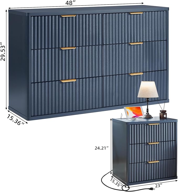 LEYAOYAO 48" Wide Fluted Dresser and 3 Drawers 23" Nightstand Set of 2, Wooden Dresser & Night Stand with Charging Station, 3 Piece Bedroom Furniture Set, Chest of Drawer for Living Room,Blue