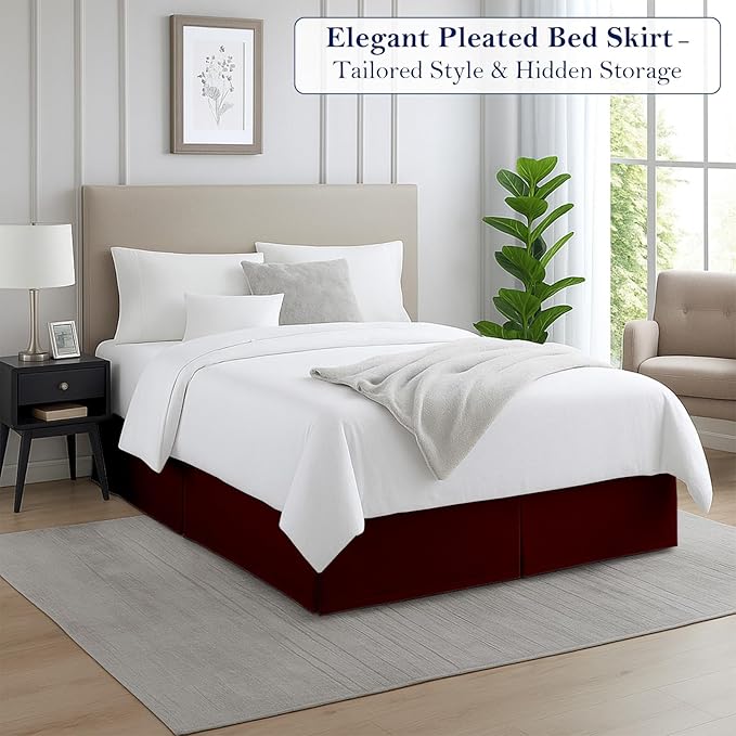 Full Bed Skirt, Luxury 21 Inch Drop Burgundy Pleated Bed Skirt, Double Brushed Microfiber, Box Pleat Design, Wrinkle & Fade Resistant, Easy Fit Tailored Bedskirt for Full Size Beds