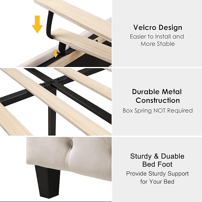 Keyluv King Size 54.3” Tall Platform Bed Frame with Deep Button Tufted Wingback Headboard and Footboard, Velvet Upholstered Bed Frame with Handmade Pleats, No Box Spring Needed, Beige/Cream