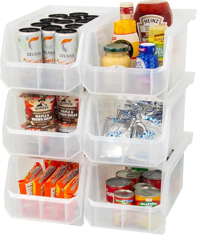 Plastic Containers for Organizing and Storage Bins for Closet, Kitchen, Office, Garage or Pantry Organization, Stackable Bins, Large (14.8" x 8" x 7"), 6-Pack, Clear