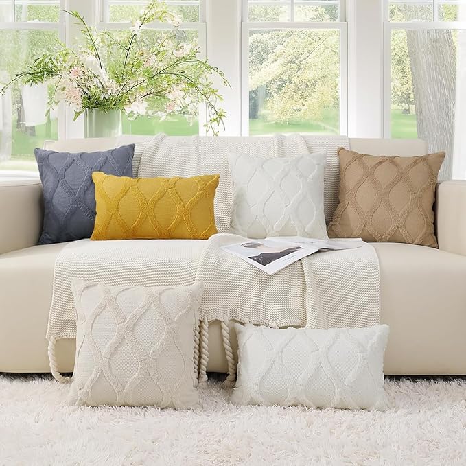decorUhome Spring Euro Sham Throw Pillow Covers 24x24 Inch Set of 2, Soft Plush Faux Fur Wool Cream White Couch Pillow Covers, Decorative Neutral Pillow Cases for Bed Sofa Living Room Home Decor