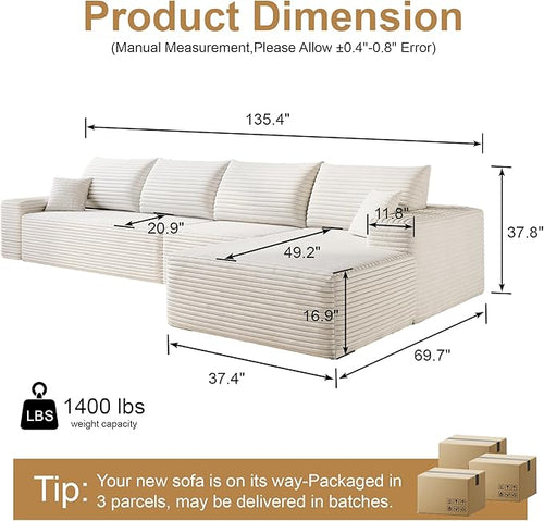 136" Sectional Couches for Living Room Modern Modular Sofa with L-Shape Couchs Upholstered Boneless Couch Deep Seat Sectional Couch with Chaise (White, Right Facing Chaise+3Seaters)