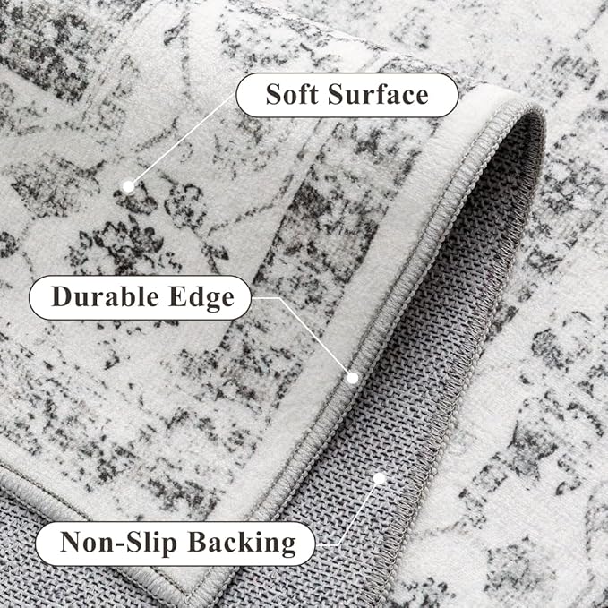 Grey 2x7 Runner Rug Vintage Area Carpet Hallway Indoor Kitchen Washable Neutral Low Pile Traditional Distressed Gray Retro Accent Throw Rug Non Slip for Laundry Bathroom Office