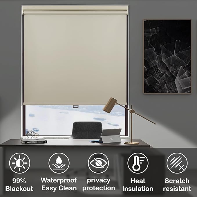 HESTIA No Drill Cordless Blackout Roller Shades Screwless Waterproof Shower Window Blinds, Auto-Retraction Easy Install Blind for Bathroom/Kitchen/Office/Exterior, Cream, 39" W x 72" H