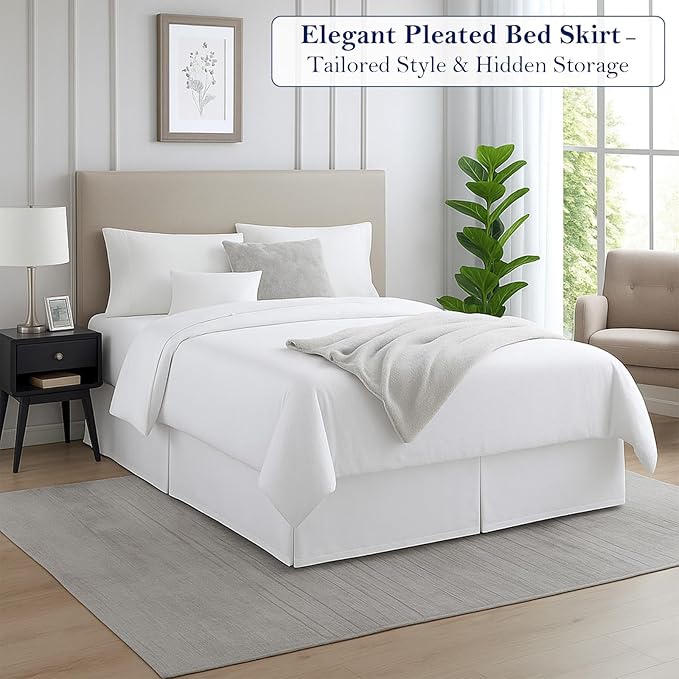 Full Bed Skirt, Luxury 24 Inch Drop White Pleated Bed Skirt, Double Brushed Microfiber, Box Pleat Design, Wrinkle & Fade Resistant, Easy Fit Tailored Bedskirt for Full Size Beds