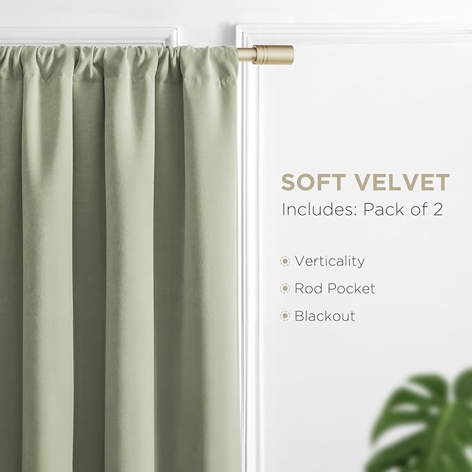 Joydeco Sage Green Velvet Curtains 96 Inches 2 Panels, Luxury Thermal Insulated Soft Green Curtains for Bedroom & Living Room, Room Darkening Velvet Drapes, Rod Pocket (52W x 96L)