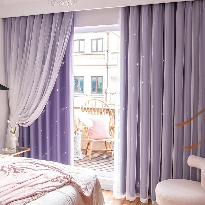 Star Double Layer Blackout Curtains for Bedroom, Kids - Cute, 84 Inches Long, 2 Panels Set, Purple, 42 X 84 Inches