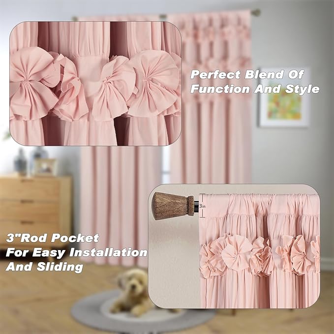 Luxurious Peach Pink Blackout Curtains with 3 Rows of Handmade Butterfly Flower Ruffles, Room Darkening and Soundproof Window Curtain 42" W x 63" L (Pair), Machine Washable (LQ-37)