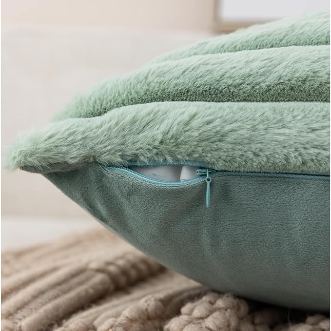 ZLINA Set of 2 Light Green Faux Fur Decorative Throw Pillow Covers Fluffy Striped Pillowcase Cushion Covers 16 x 16 Inch Decor Sofa Couch Bedroom
