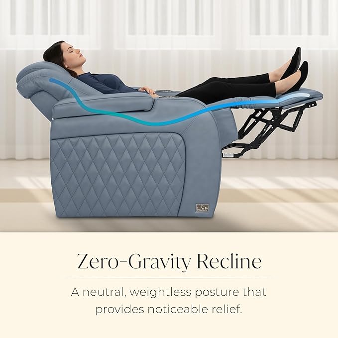 Seatcraft Diamante Zero-Gravity CoolZero Italian Leather Home Theater Seating, Power Headrest, Power Recline, Row of 2, Smokey Blue
