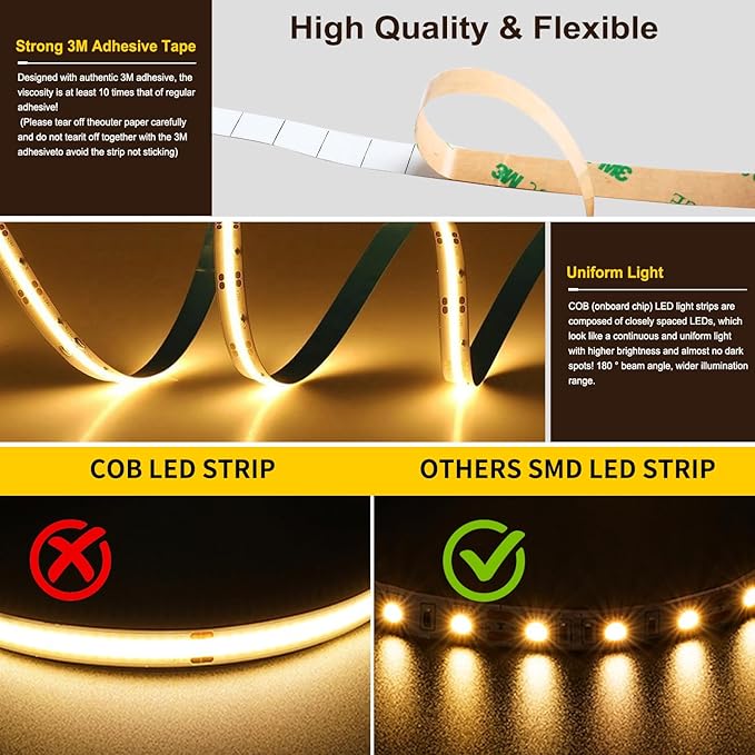COB LED Strip Light,CCT Dimmable Strips Light,2700K-6500K,65ft/20m,8mm Wide,CRI90+ 24V LED Strips Kit with Bluetooth APP Control/Music Mode,for Bedroom,Kitchen,DIY Lighting