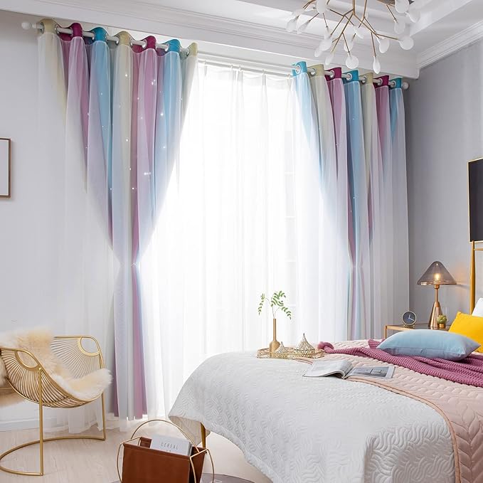 Star Blackout Curtains - Bedroom & Kids Rainbow Curtains, 108 Inch Long, Purple & Blue, 42 x 108 Inch, 2 Panels