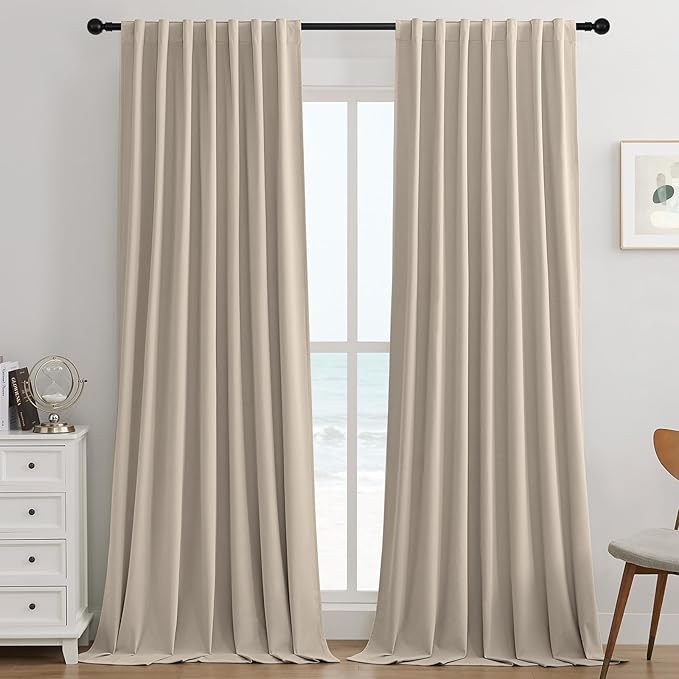 Joydeco Light Beige 100% Blackout Curtains 108 Inch 2 Panels, Luxury Thermal Light Beige Velvet Curtains for Bedroom Living Room, Soundproof Blackout Window Drapes, Rod Pocket & Back Tab (52W x 108L)