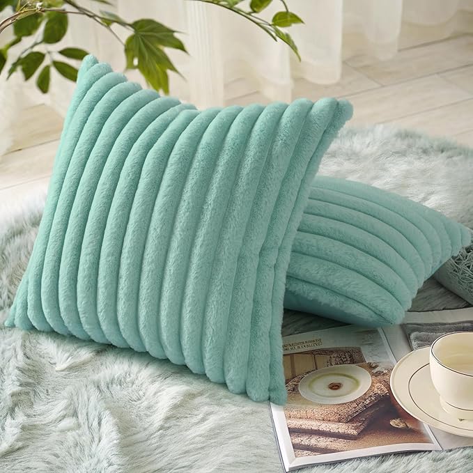 decorUhome Faux Fur Spring Throw Pillow Covers 22x22 Set of 2, Decorative Soft Plush Striped Neutral Couch Euro Sham Pillow Covers with Velvet Back for Sofa, Bed, Living Room Home, Aqua