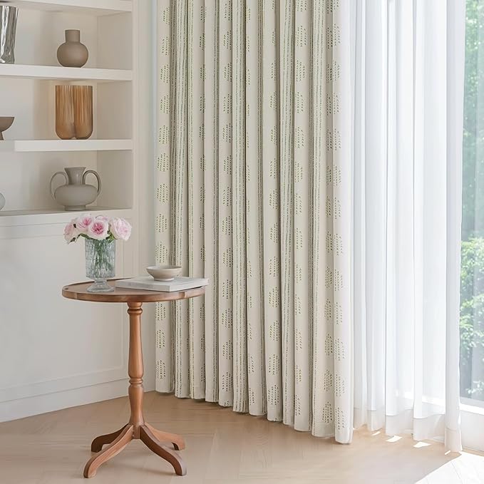 100% Boho Blackout Curtains 63 Inches Long for Bedroom, Green on Beige Patterned Bohemian Curtains for Living Room, Geometric Striped Thermal Insulated Window Drapes Gromment Top 2 Panels