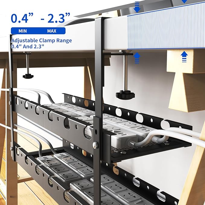 31Inch Extendable Under Desk Cable Management Tray Multi-Model Metal Cable Management Tray Under Desk Cord Management with Clamp Power Strip Cord Holder for Wire Cable Management