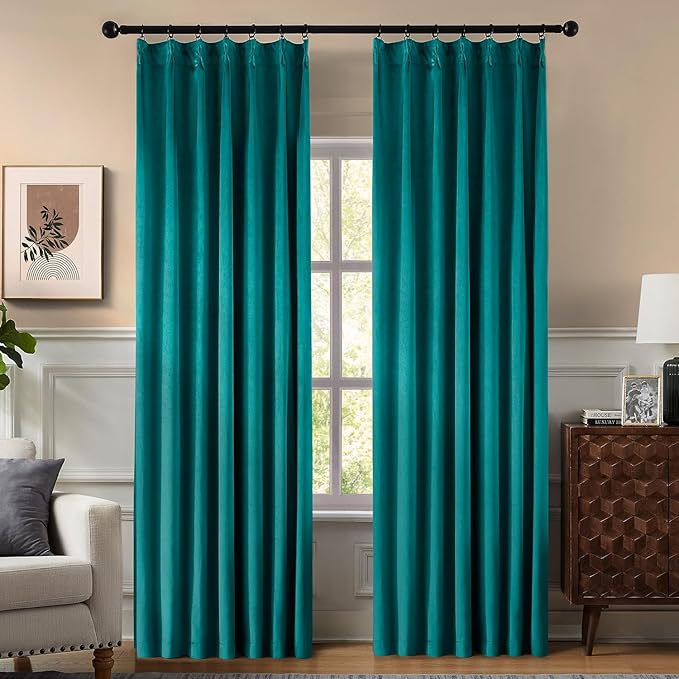 Pinch Pleated 100% Blackout Curtains for Bedroom, Teal Velvet Curtains for Living Room, Black Out Curtain 86 inch Long Room Darkening, Blackout Pinch Pleat Drapes with Hooks 2 Panels