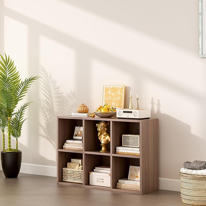 OSCHF 6-Cube Storage Shelf Bookcase - Wooden 3-Tier Floor Standing Open Bookshelf for Home and Office, Cuby Orgainzer, Walnut