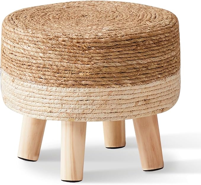 Wimarsbon Round Foot Stool Natural Seagrass Poufs Ottoman Hand Weave Footrest Stool for Couch Desk Extra Seat Step Stool with Solid Wood Legs for Hallway Patio Lounge White