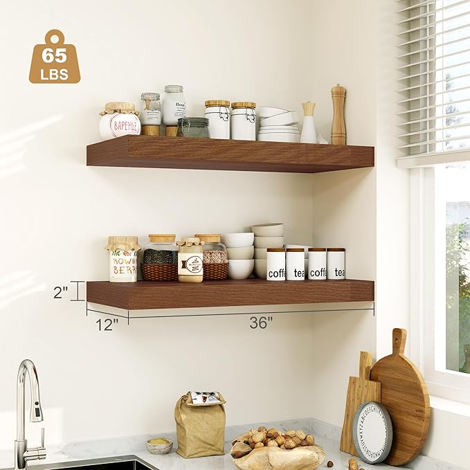 12" Deep Walnut Floating Shelves,Over Toilet Long Wall Mounted Modern Farmhouse 36 inches,Wall Shelves with Invisible Brackets for Bedroom, Bathroom, Living Room, Kitchen, Set of 1