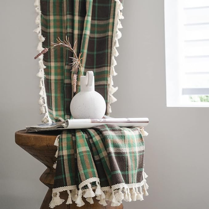 Sutuo Home Boho Curtains for Bedroom 84 Inch Length, Light Filtering Country Farmhouse Vintage Shabby Chic Tassels Window Treatment Bohemian Grid Drape for Xmas Decor 1 Panel 52"W x 84"L, Green Plaids