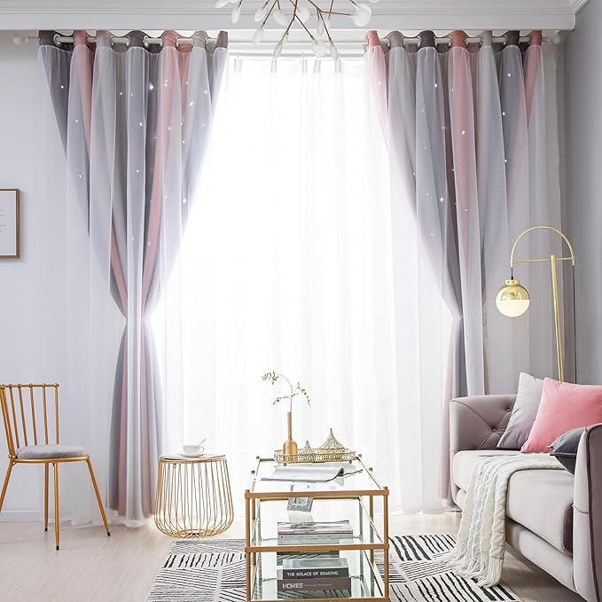Star Curtains Blackout Curtains for Bedroom Cute Curtains Kids Curtains Rainbow Curtains, Curtains 96 Inches Long 2 Panels, Pink & Grey Curtains, 42 X 96 Inches