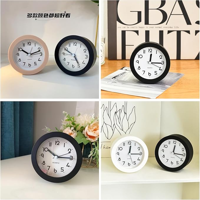 Alarm Clock with Backlight, 4 Inches Cute Analog Round Digital Quartz Clock, Non Ticking, Battery Operated,Simply Design for Living Room, Bedroom,Bedside, Desk Decorative (Black)