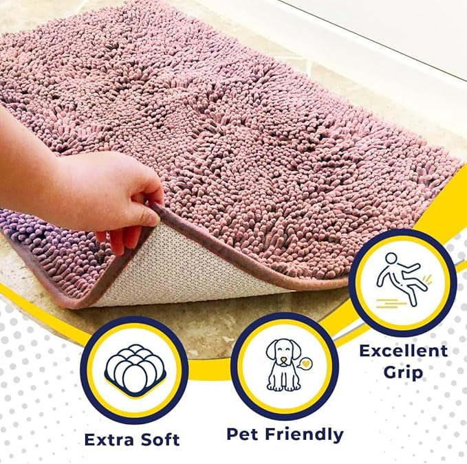 Muddy Mat® | Super Absorbent Door Mat Indoor, Microfiber Quick Dry Chenille Entryway Rug, Non-Slip Front Door Mat, Indoor Mats for Entryway, Machine Washable Pet Rug, Light Pink 24" x 96"