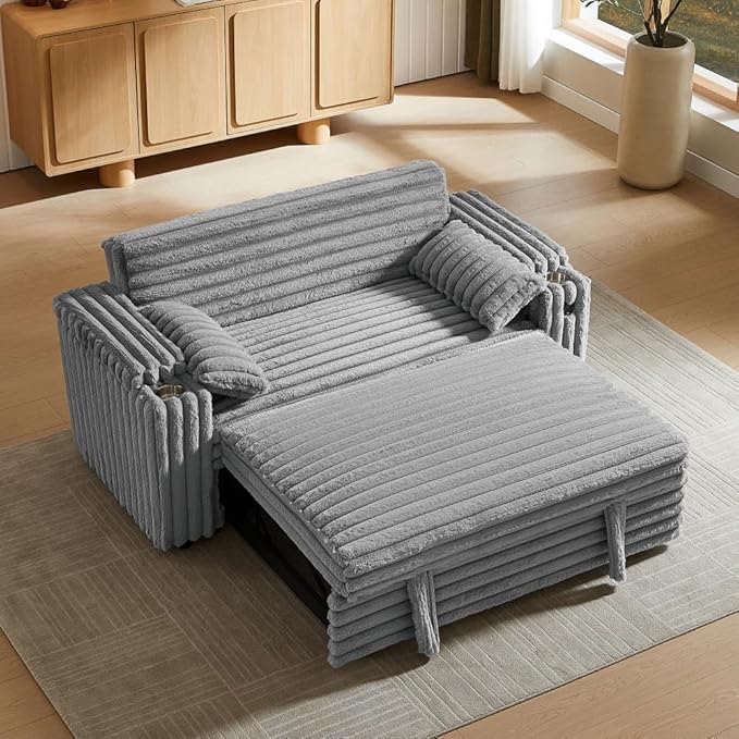 68.11" Corduroy Sleeper Chair Bed with USB Port, Cup Holders & Side Storage Pockets – 3-in-1 Foldable Sofa Bed for Guest Room, Living Room– Gray