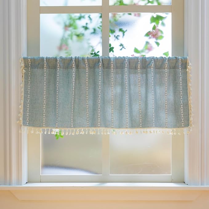 Sutuo Home Boho Linen Curtains Valance for Windows Tiers, Bohemian Short Curtains Light Filtering Country Vintage Tassels Window Treatment Long Stripes, Rod Pocket 1 Panel 52" W x 18" L, Greyish Blue