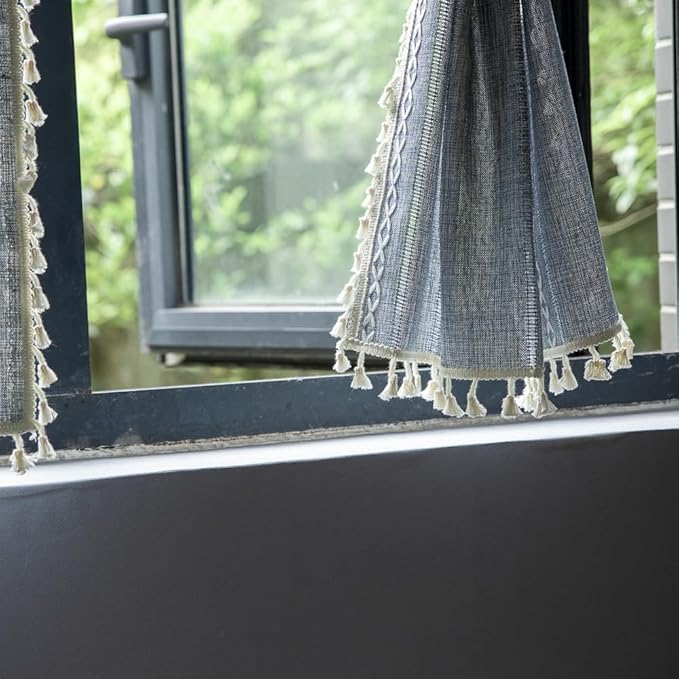 Sutuo Home Blue Boho Curtain 52W x 18L inch White Striped Light Filtering Short Valance, 1 Panel Embroidery Bohemian Farmhouse Country Kitchen Window Treatment Decor for Small Closet