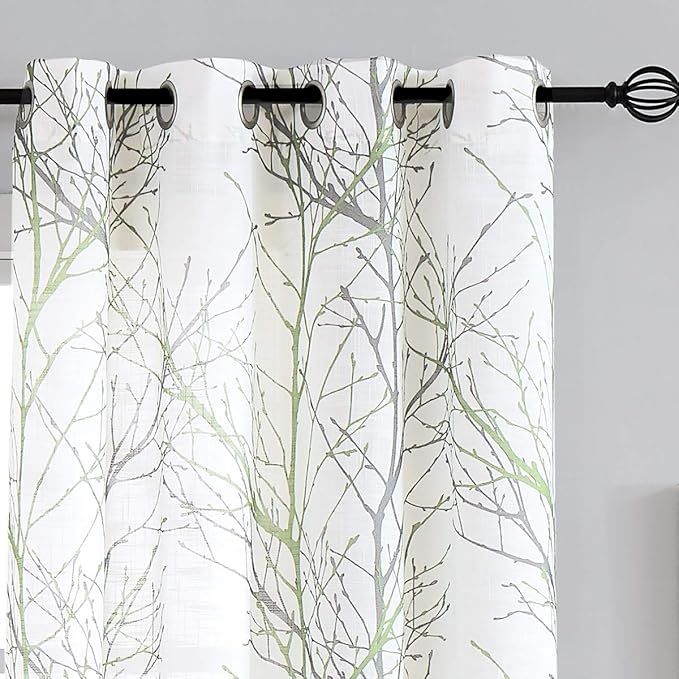 FMFUNCTEX Linen Semi Sheer Curtains for Bedroom, Sage Green White Curtains 45 Inches Long for Living Room, Grey Tree Branch Print Curtain Light Filtering Kitchen Window Drapes, Grommet Top 2 Panels