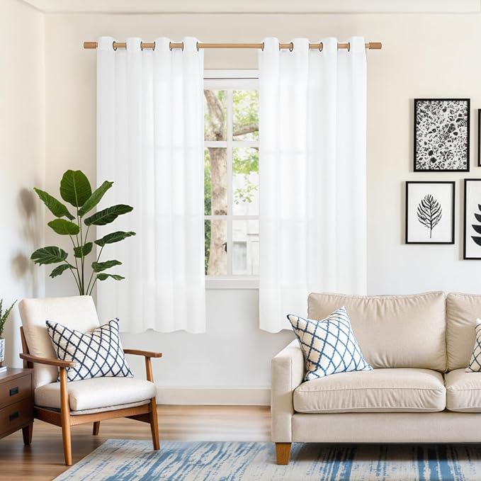 YoungsTex White Linen Curtains 68 Inch Length for Living Room, Light Filtering Semi Sheer Window Drapes with Bronze Grommet Privacy for Bedroom, 52 x 68 Inch, 2 Panels