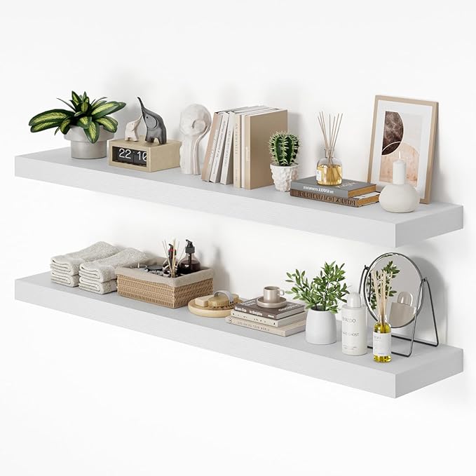 Heimlove 55 x 12 inch Extra Long Floating Shelves for Wall, 12 Inch Deep Floating Shelves, Large Display Shelf & Storage Shelf for Living Room Bedroom Kitchen Home Office, Set of 2, White