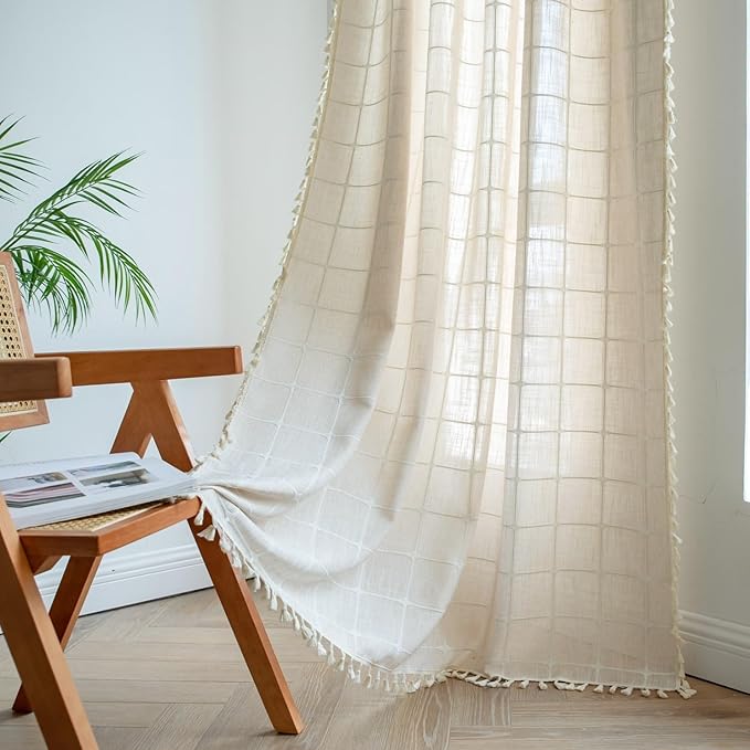 Sutuo Home Boho Curtains for Bedroom Living Room 84 Inch Length, Vintage Plaid Curtains Farmhouse Vintage Chic Tassels Window Treatment Bohemian Drape, 1 Panel 52" W x 84" L, Light Coffee Plaids