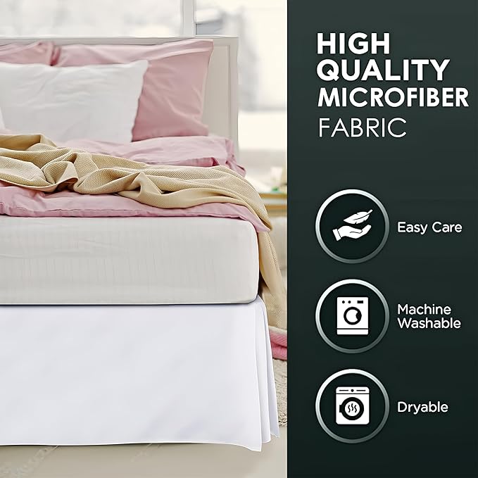 Pleated Bed Skirt King Size, 16" Drop with Platform Design for Secure Fit, Split Corners, Wrinkle-Resistant Microfiber for Modern Stylish Look, Tailored Bedding for Hotel Luxury - White