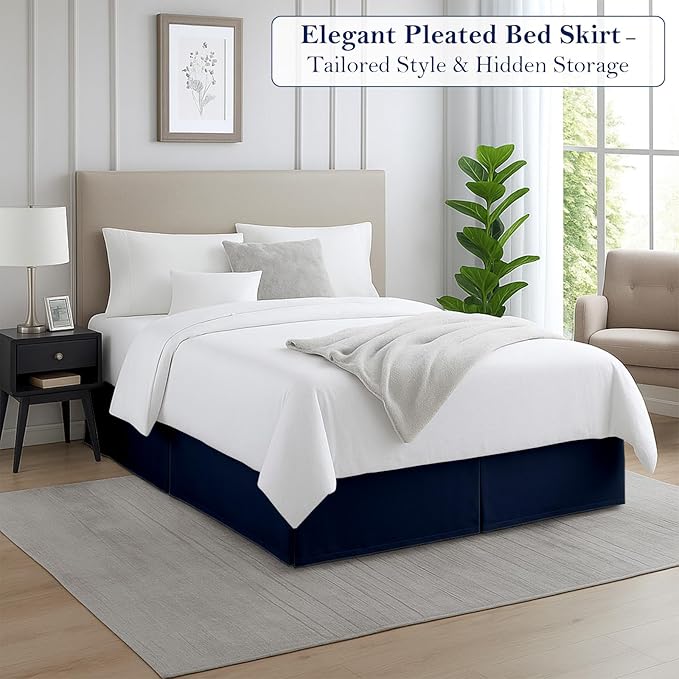 Full Bed Skirt, Luxury 12 Inch Drop Navy Blue Pleated Bed Skirt, Double Brushed Microfiber, Box Pleat Design, Wrinkle & Fade Resistant, Easy Fit Tailored Bedskirt for Full Size Beds
