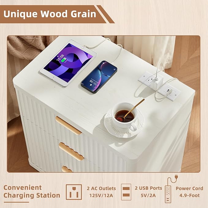 LEYAOYAO 48" Wide Fluted Dresser and 3 Drawers 23" Nightstand Set of 2, Wooden Dresser & Night Stand with Charging Station, 3 Piece Bedroom Furniture Set, Chest of Drawer for Living Room,Antique White