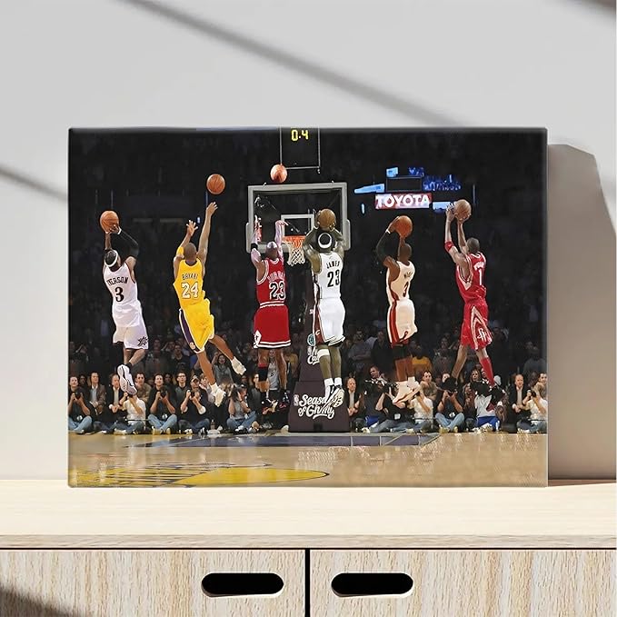 Basketball Legends Canvas Wall Art Print Poster, Iconic Sports Stars Shooting Inspirational Picture, Motivational Photography Wall Decor for Gym Dorm Home Office Living Room Bedroom, Framed 11x14inch