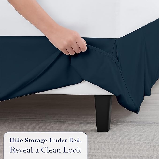 Twin Bed Skirt, Luxury 15 Inch Drop Navy Blue Pleated Bed Skirt, Double Brushed Microfiber, Box Pleat Design, Wrinkle & Fade Resistant, Easy Fit Tailored Bedskirt for Twin Size Beds