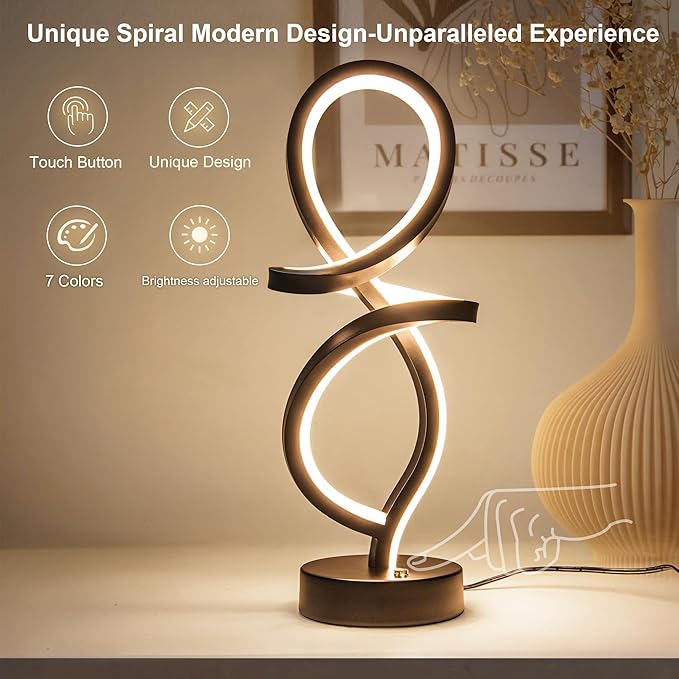 Mayful Modern RGB Table Lamp with LED Spiral Design, Black Bedside Lamp & Nightstand Lamp, Touch Dimmable with 7 Colors & 10 Modes for Bedroom, Living Room, Home Office, 15W