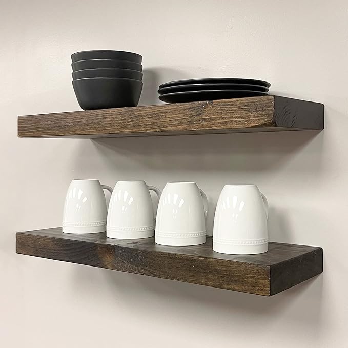 URBANDI, Rustic Floating Shelves, Set of 2, Hidden Bracket, Solid Wood, Heavy Duty, Wall Mounted Shelves, (Dark Brown, 48Wx8D)