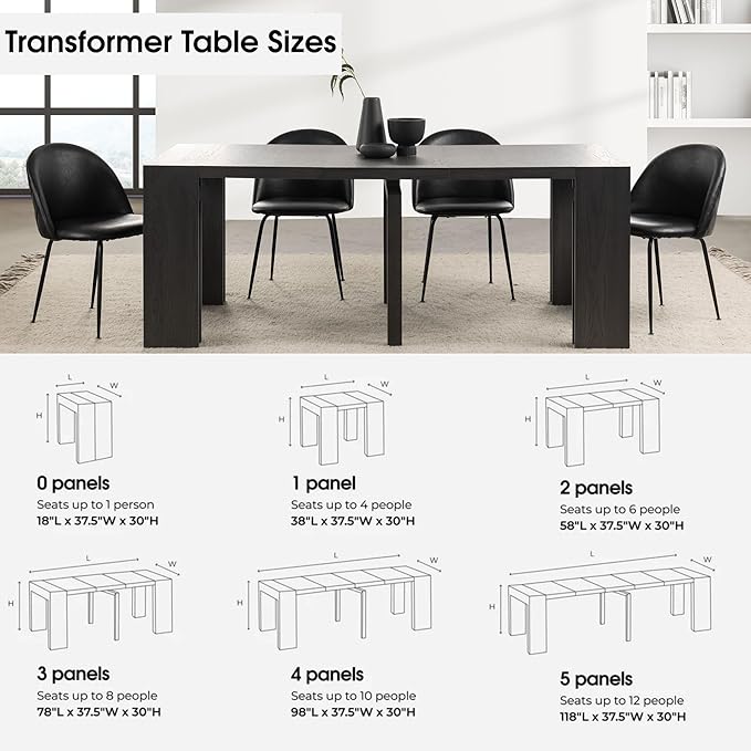 Transformer Table - Solid Wood Extendable Dining Table, Seats 2-12, Extendable Dining Room Table, Space-Saving Furniture, Expandable Dining Furniture (Black, Table + Coffee Table)