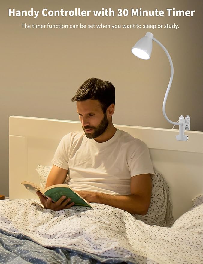 BOHON Clamp Lamp Reading Light 5 Color Modes 10 Brightness Dimmer Bedside Lamp 10W 38 LED Desk Lamp with Auto Off Timer 360° Flexible Gooseneck Clip on Light for Bed Office, Adapter Include, White