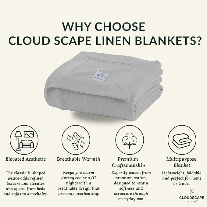 Cloud Scape Linen 100% Cotton Blanket Twin 68x92 Charcoal Grey - Cozy Herringbone Weave, Fits Up to Twin XL Size Beds, Breathable Softness, All-Season Warmth, Winter Blanket, Bedding Gift Choice