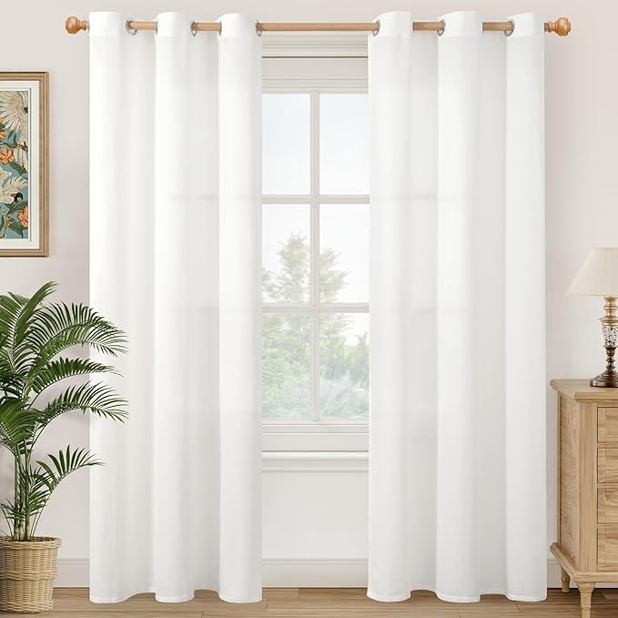YoungsTex 84 Inch Length White Linen Curtains for Living Room - Textured Semi Sheer Drapes with Grommet Light Filtering for Bedroom Dining Room Lightweight, 2 Panels, 42 X 84 Inch