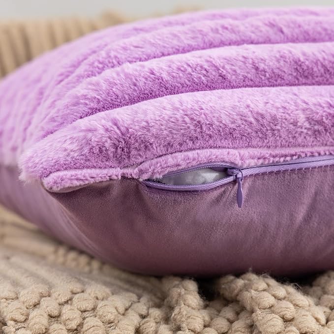 ZLINA Set of 2 Light Purple Faux Fur Decorative Throw Pillow Covers Fluffy Striped Pillowcase Cushion Covers 26 x 26 Inch Decor Sofa Couch Bedroom