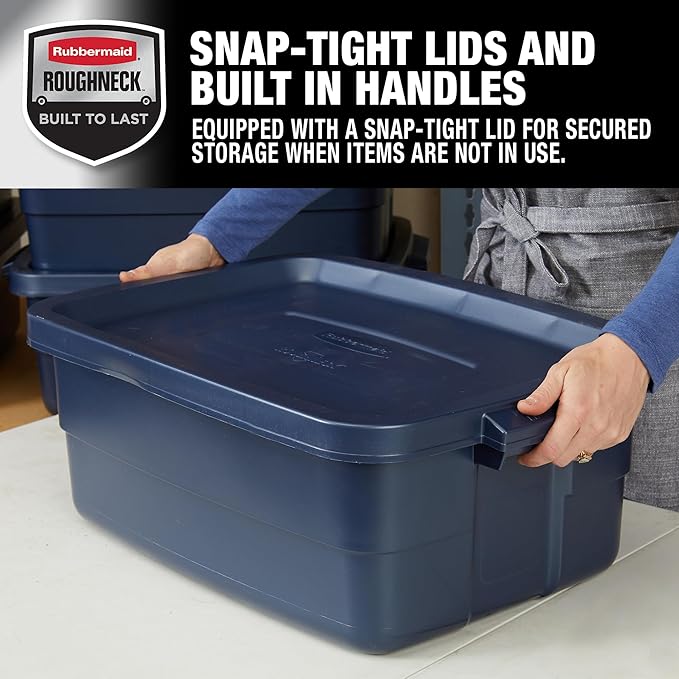 Rubbermaid Roughneck Tote 10 Gal, 8 Pack, Made in USA, Dark Indigo Metallic, Rugged Plastic Stackable Storage Bins with Lids and Handles